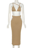 Khaki Sexy Solid Hollowed Out Patchwork Frenulum Backless Spaghetti Strap Sleeveless Two Pieces