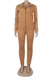 Khaki Fashion Casual Solid Basic Zipper Collar Long Sleeve Two Pieces