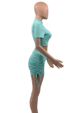 Green Casual Solid Hollowed Out Half A Turtleneck Short Sleeve Two Pieces
