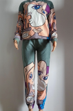 Multicolor Casual Print Patchwork Hooded Collar Long Sleeve Two Pieces