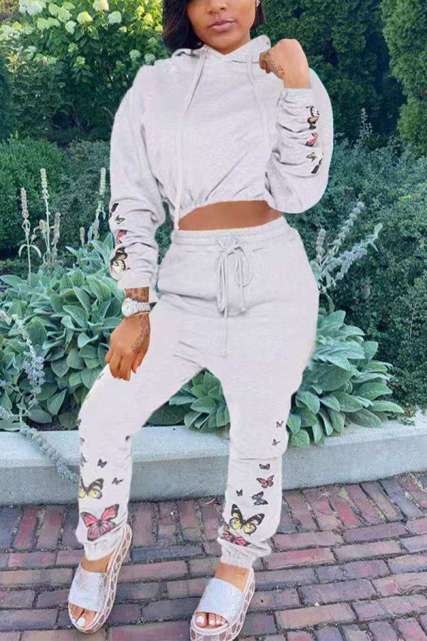 Silver Fashion Print Hooded Collar Long Sleeve Two Pieces