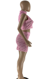 Pink Sexy Print Patchwork Half A Turtleneck Sleeveless Two Pieces