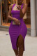 Purple Sexy Solid Patchwork Asymmetrical U Neck Pencil Skirt Dresses