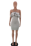 Silver Fashion Sexy Solid Backless Spaghetti Strap Sleeveless Dress