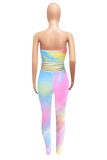 blue and yellow Fashion street Print Patchwork Tie-dyed Sleeveless Wrapped Jumpsuits