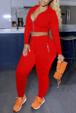 Red Fashion Casual Solid Zipper Hooded Collar Long Sleeve Two Pieces