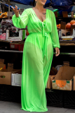 Green Casual Solid Split Joint V Neck Plus Size Jumpsuits