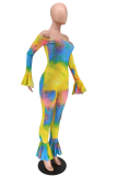 Multicolor Casual Patchwork Tie-dye Bateau Neck Boot Cut Jumpsuits