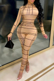 Apricot Sexy Print O Neck Regular Jumpsuits