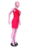 Red Fashion Sexy Solid Hollowed Out Backless One Shoulder Sleeveless Dress