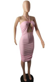 Pink Fashion Sexy Solid Hollowed Out Backless Halter Sleeveless Dress