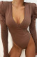 Coffee Casual Solid V Neck Regular Jumpsuits