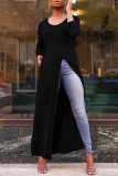 Blue Casual Solid High Opening O Neck Straight Dresses