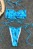 Sky Blue Sexy Butterfly Print Draw String Backless Swimwears