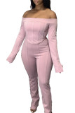 Pink Casual Daily Solid Split Joint Bateau Neck Long Sleeve Regular Sleeve Short Two Pieces