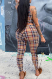 Brown Sexy Plaid Patchwork O Neck Sleeveless Two Pieces