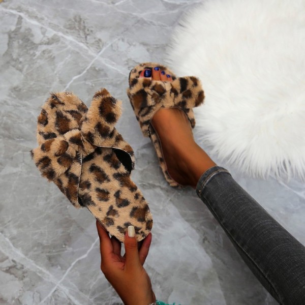 Leopard Print Fashion Casual Split Joint Bow Flat Slippers