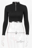 Rose Red Fashion Casual Solid Basic Zipper Collar Tops