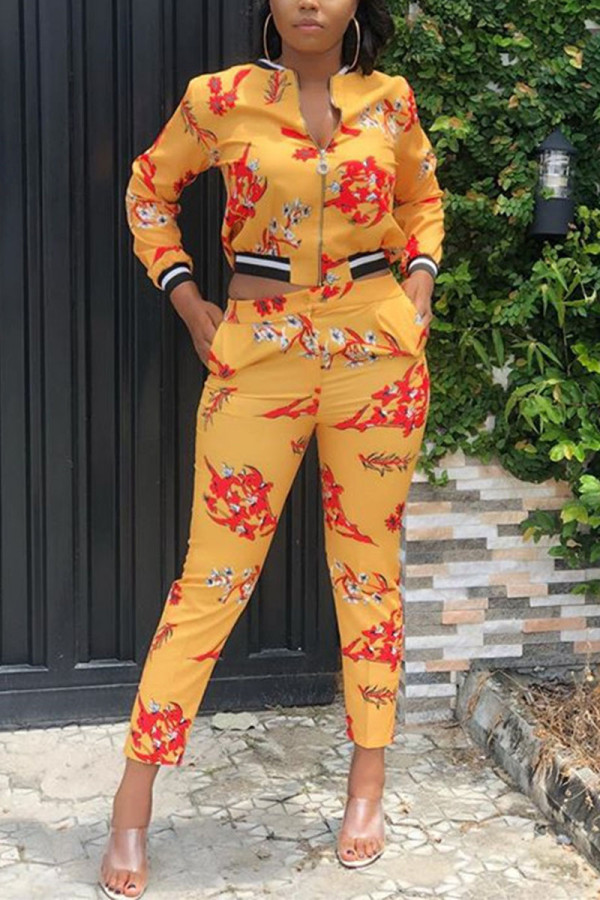 Golden Yellow Casual Print Patchwork O Neck Long Sleeve Two Pieces