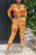 Golden Yellow Casual Print Patchwork O Neck Long Sleeve Two Pieces