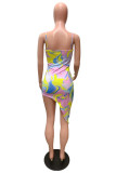 Yellow Fashion Sexy Print Backless Spaghetti Strap Irregular Dress