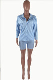 Light Blue Sexy Solid Patchwork Turndown Collar Three Quarter Two Pieces