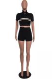 Black Fashion Sexy Solid crop top Slim fit Striped Two Piece Suits asymmetrical Regular Short Sl