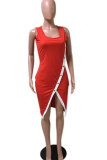 Red Sexy Fashion Spaghetti Strap Sleeveless O neck Asymmetrical Knee-Length Patchwork Club Dresses