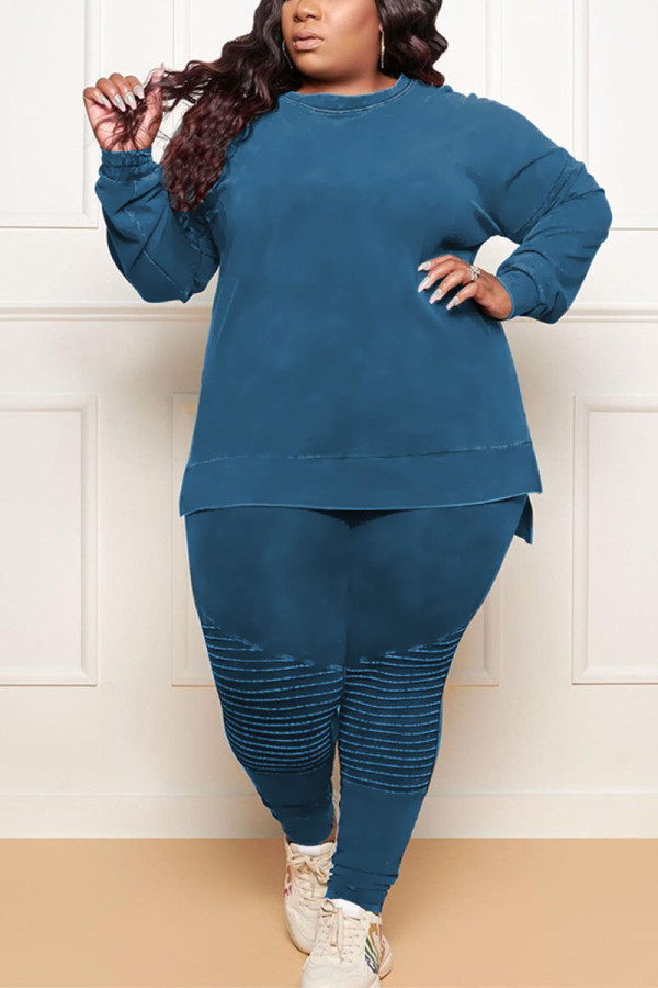 Turquoise Casual Solid O Neck Plus Size 