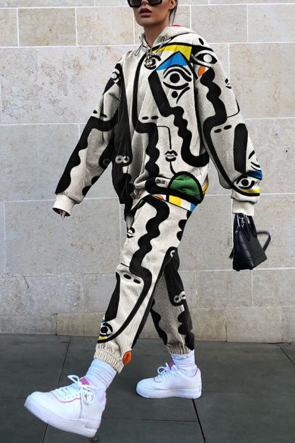 Multicolor Casual Print Patchwork Hooded Collar Long Sleeve Two Pieces