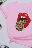 White Black Grey Green Pink Yellow Light Gray Wine Red O Neck Short Sleeve Leopard Lips Print Tops