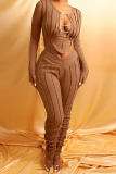 Brown Street Patchwork Hollowed Out See-through O Neck Long Sleeve Two Pieces