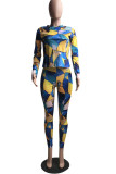 Blue Casual Print O Neck Long Sleeve Two Pieces