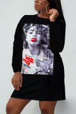 Black Sexy Print Patchwork O Neck A Line Dresses