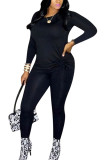 Black Fashion Casual Adult Solid Fold O Neck Long Sleeve Regular Sleeve Regular Two Pieces