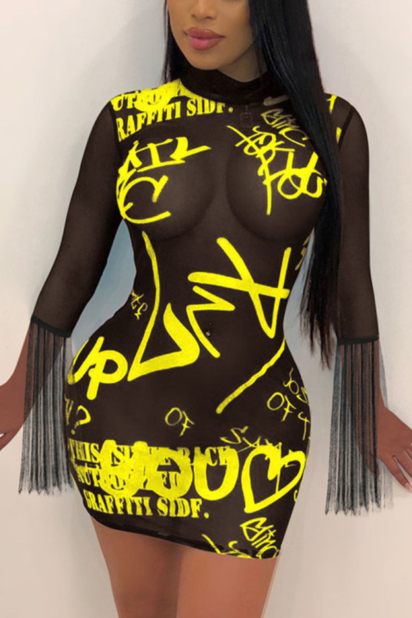 Yellow Sexy Print Tassel O Neck Wrapped Skirt Dresses