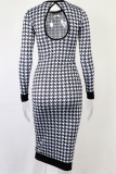 Black White Sexy Print Patchwork O Neck Pencil Skirt Dresses