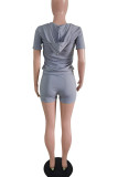 Grey Casual Solid Split Joint Cardigan Zipper Hooded Collar Short Sleeve Two Pieces