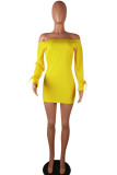 Yellow Sexy Off The Shoulder Long Sleeves One word collar Step Skirt Mini Patchwork Solid Dresses