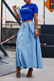 Blue Casual Print Letter O Neck Tops