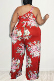 Red Fashion Casual Print Backless One Shoulder Regular Jumpsuits