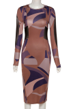 Brown Casual Print Patchwork O Neck Pencil Skirt Dresses