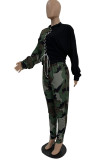 Red Street Print Patchwork O Neck Long Sleeve Two Pieces