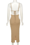 Khaki Sexy Solid Hollowed Out Patchwork Frenulum Backless Spaghetti Strap Sleeveless Two Pieces