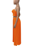 Tangerine Red Casual Solid Patchwork Strapless Sleeveless Two Pieces