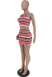 Red Sexy Casual Striped Print Bandage Backless Halter Sleeveless Two Pieces