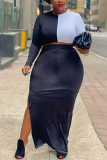 Black And White Fashion Patchwork Slit O Neck Long Sleeve Two Pieces