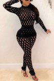 Red Fashion Sexy Solid Hollowed Out See-through Turtleneck Long Sleeve Two Pieces