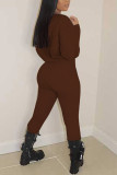 Coffee Fashion Casual Solid Basic Hooded Collar Regular Jumpsuits