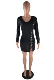 Black Sexy Solid Hollowed Out V Neck A Line Dresses
